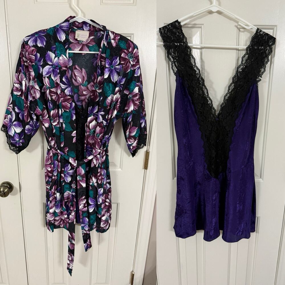 California Dynasty Vintage Robe Nightgown Set Purple Black Lace Size M